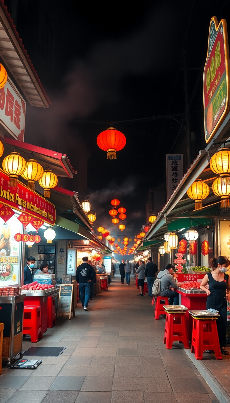 Night Market Street Food Stalls Photorealistic Wallpaper