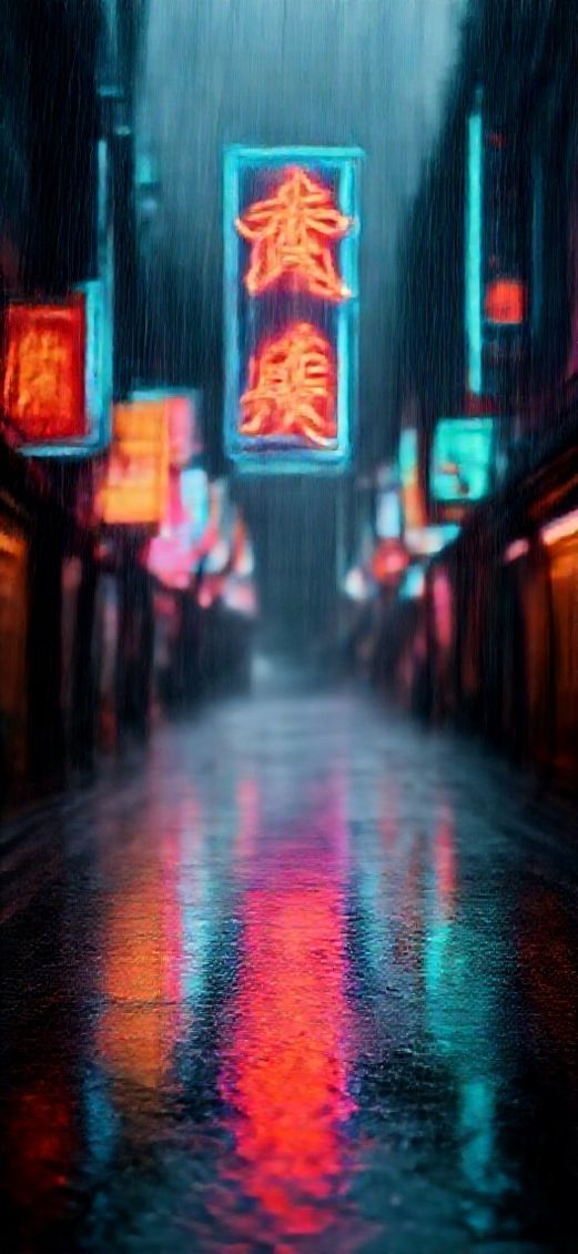 Neon Signs Chinese Characters Rain Digital art Wallpaper