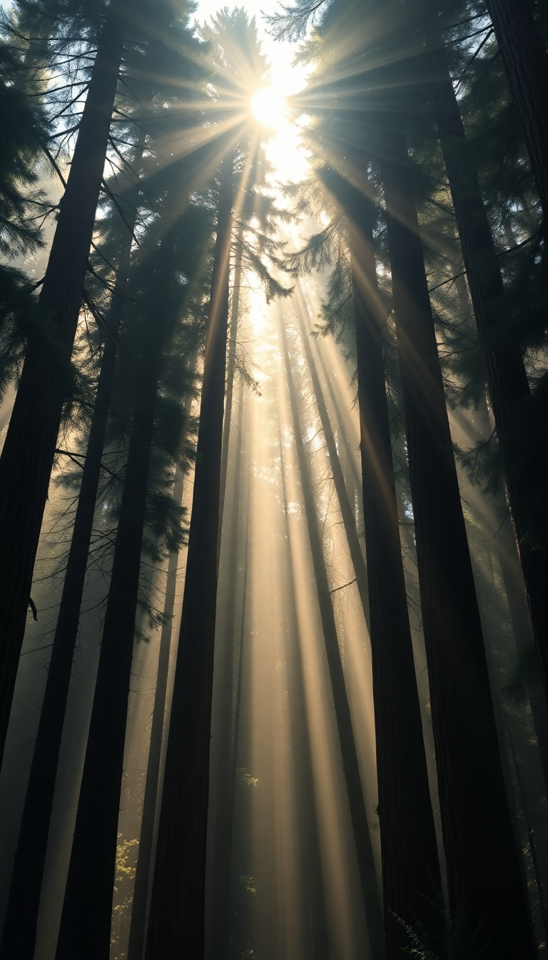 Giant Redwood Trees Morning Fog Photorealistic Wallpaper