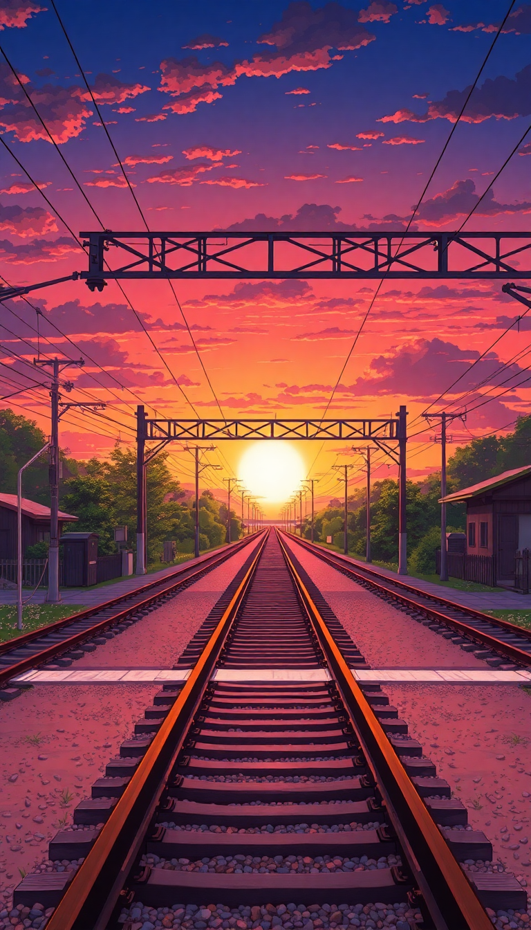 Train Crossing Rural Japan Sunset Anime Wallpaper