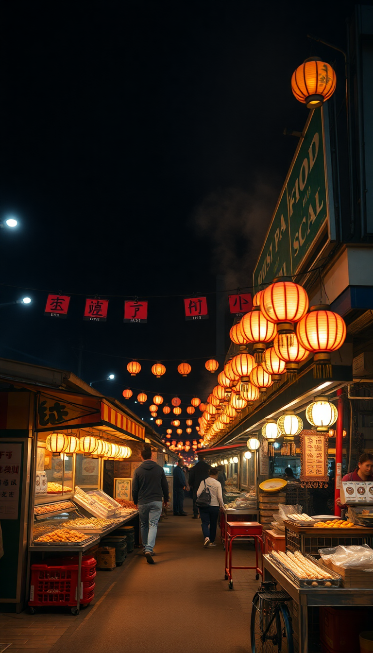 Night Market Street Food Stalls Photorealistic Wallpaper