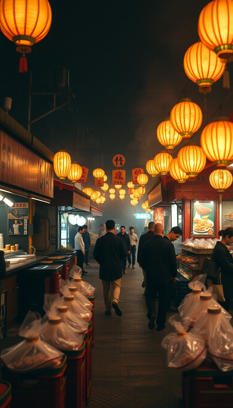 Night Market Street Food Stalls Photorealistic Wallpaper