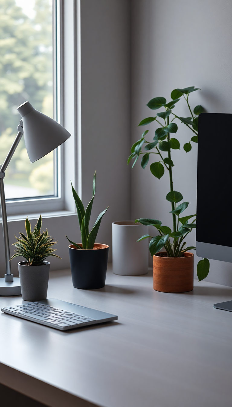 Minimalist Desk Setup Plants Morning Photorealistic Wallpaper