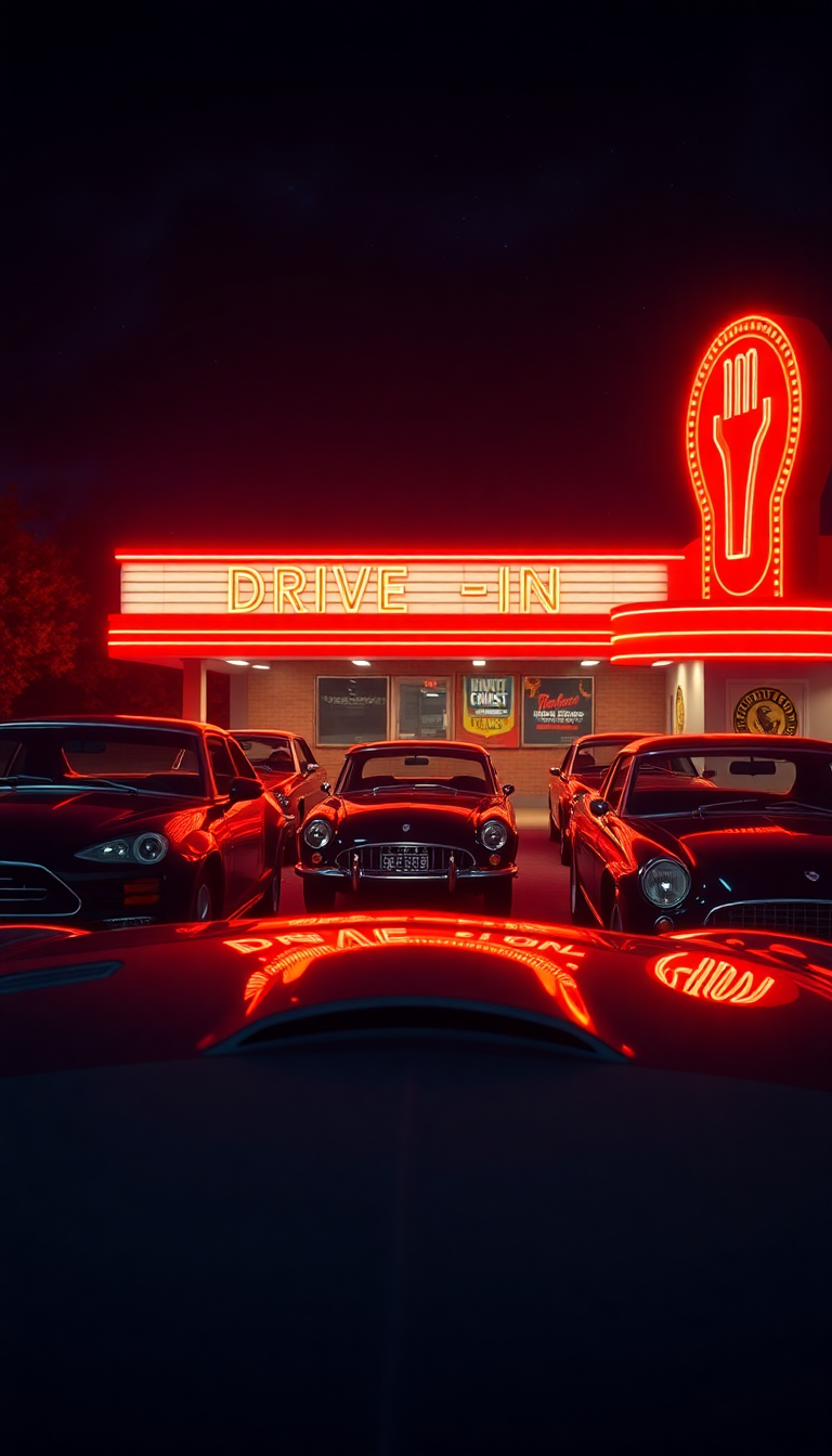 Drive-in Movie Theater Night Classic Photorealistic Wallpaper
