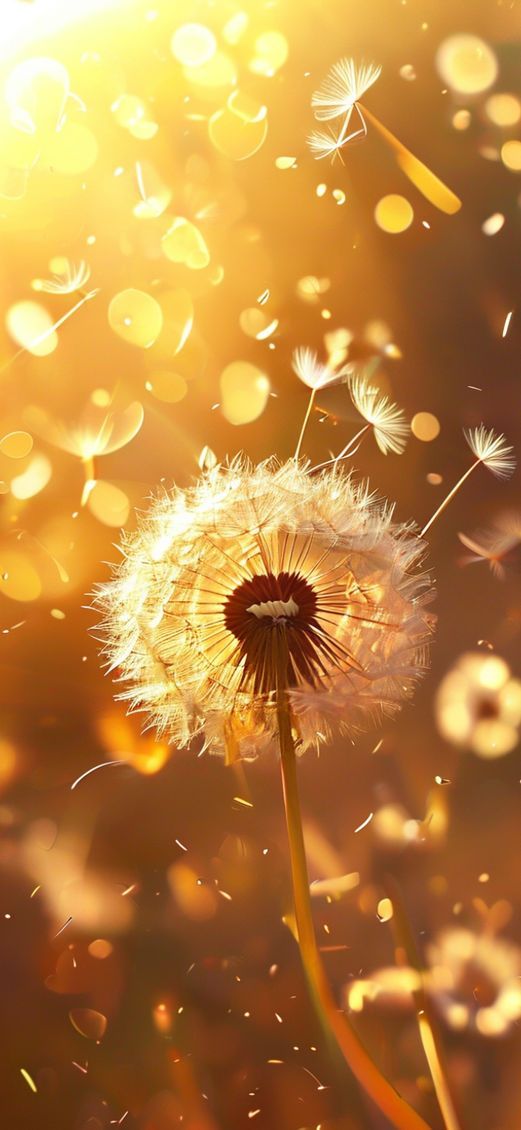 Dandelion Seeds Floating In Golden Aesthetic Wallpaper