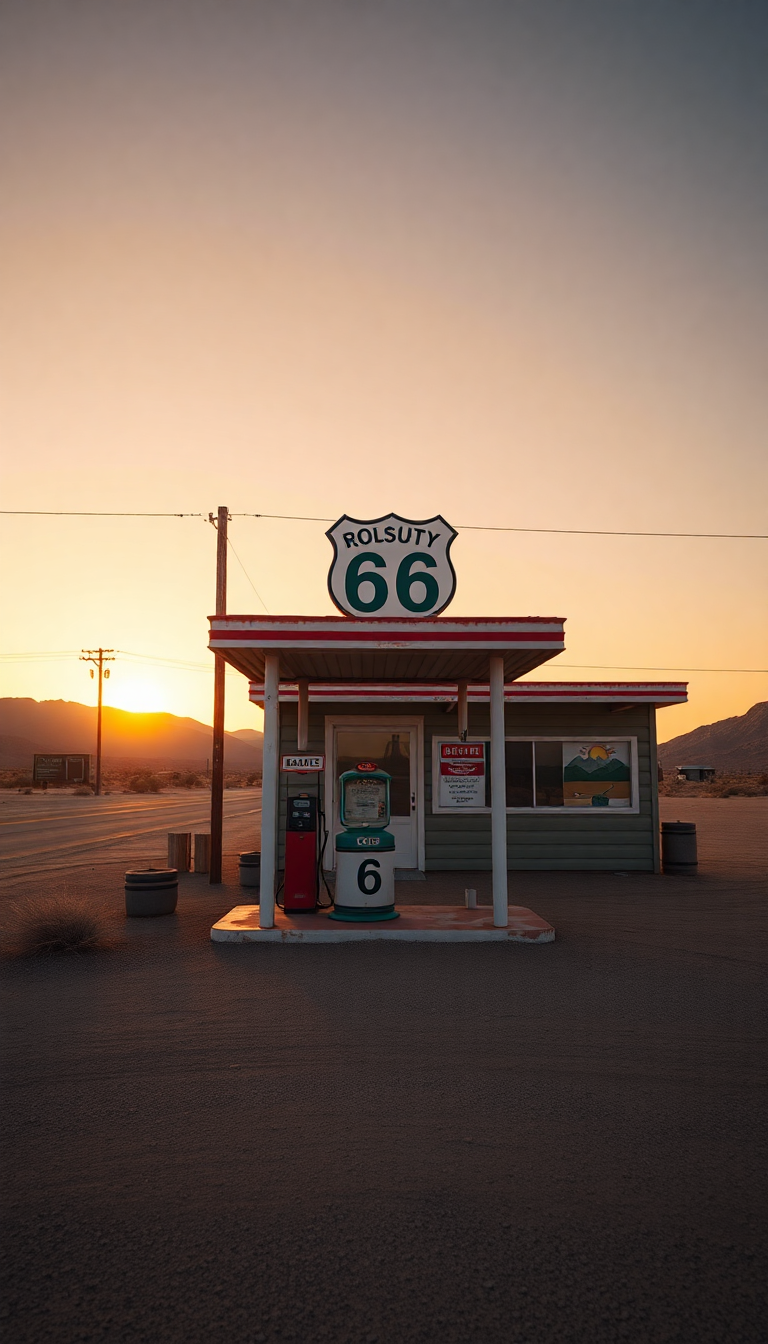 Old Gas Station Desert Route Photorealistic Wallpaper