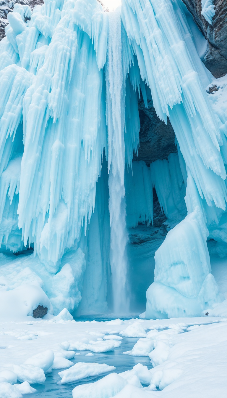 Frozen Waterfall Ice Formations Winter Photorealistic Wallpaper
