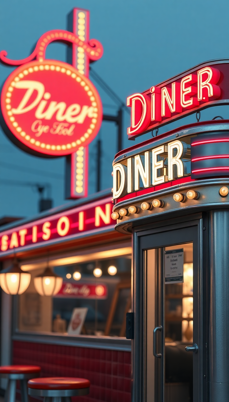 Retro Diner Neon Signs Chrome Photorealistic Wallpaper