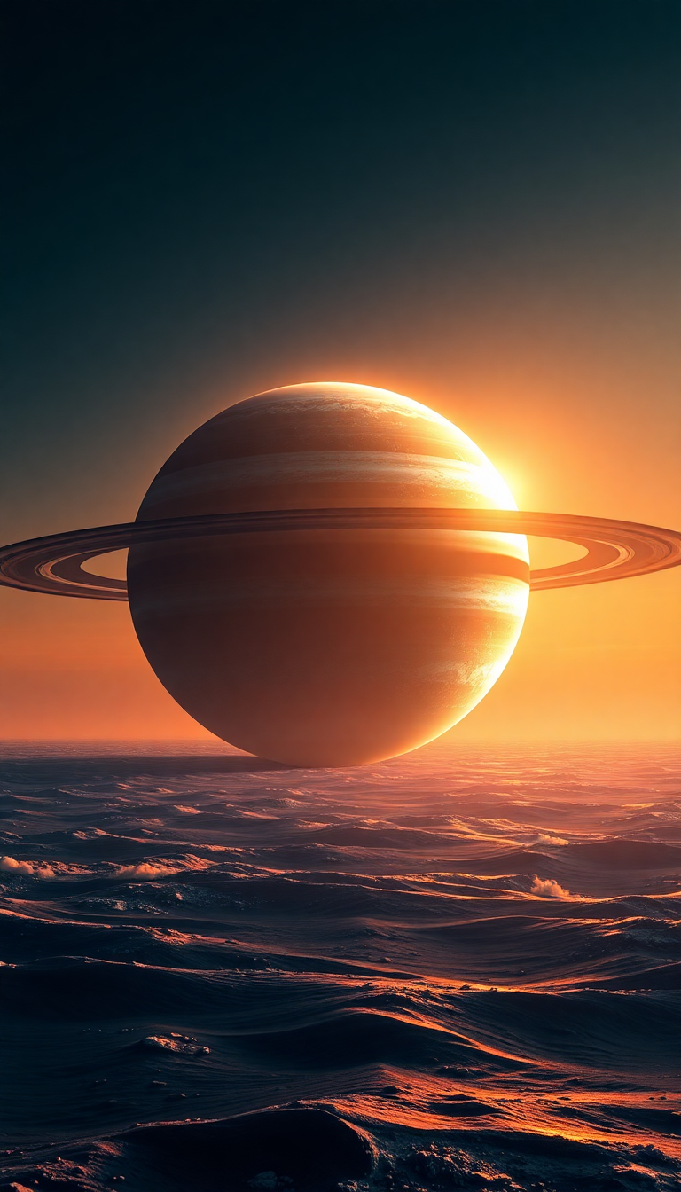 Massive Ringed Planet Rising Over Photorealistic Wallpaper