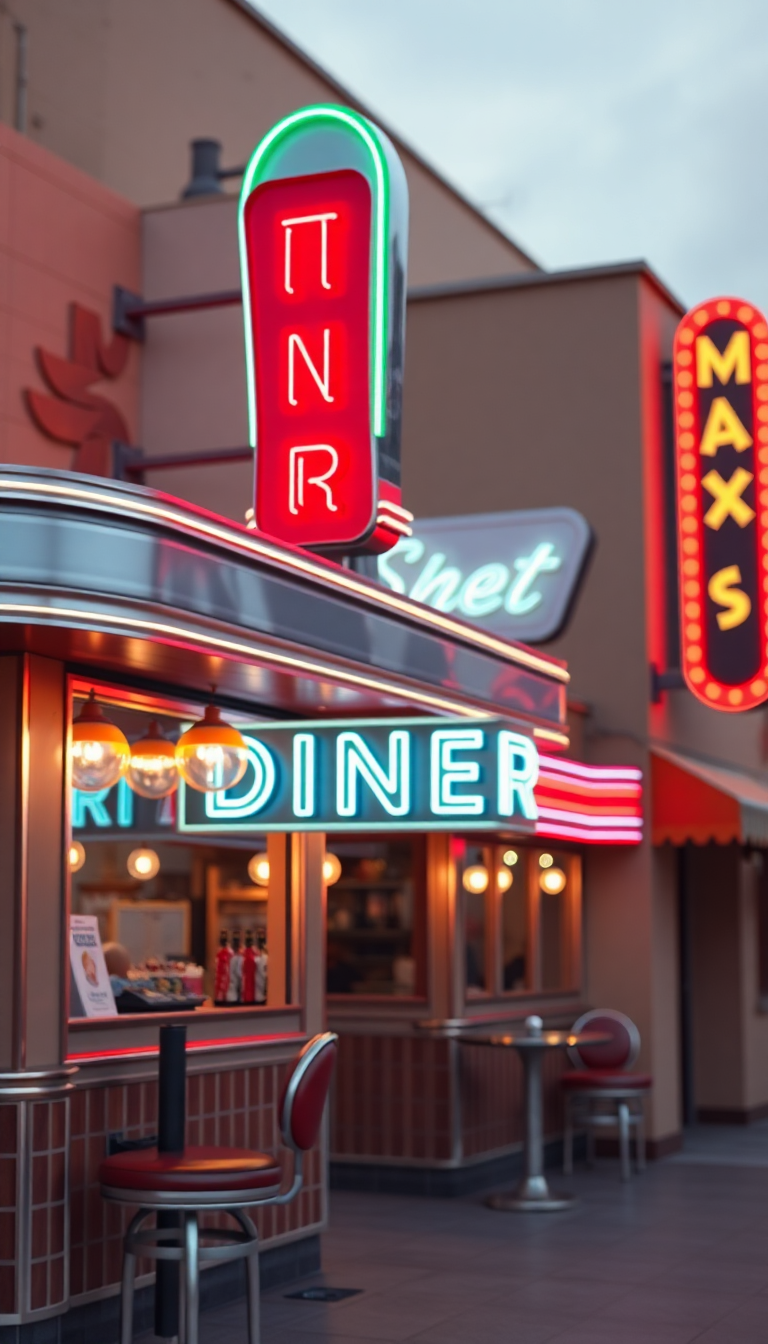 Retro Diner Neon Signs Chrome Photorealistic Wallpaper