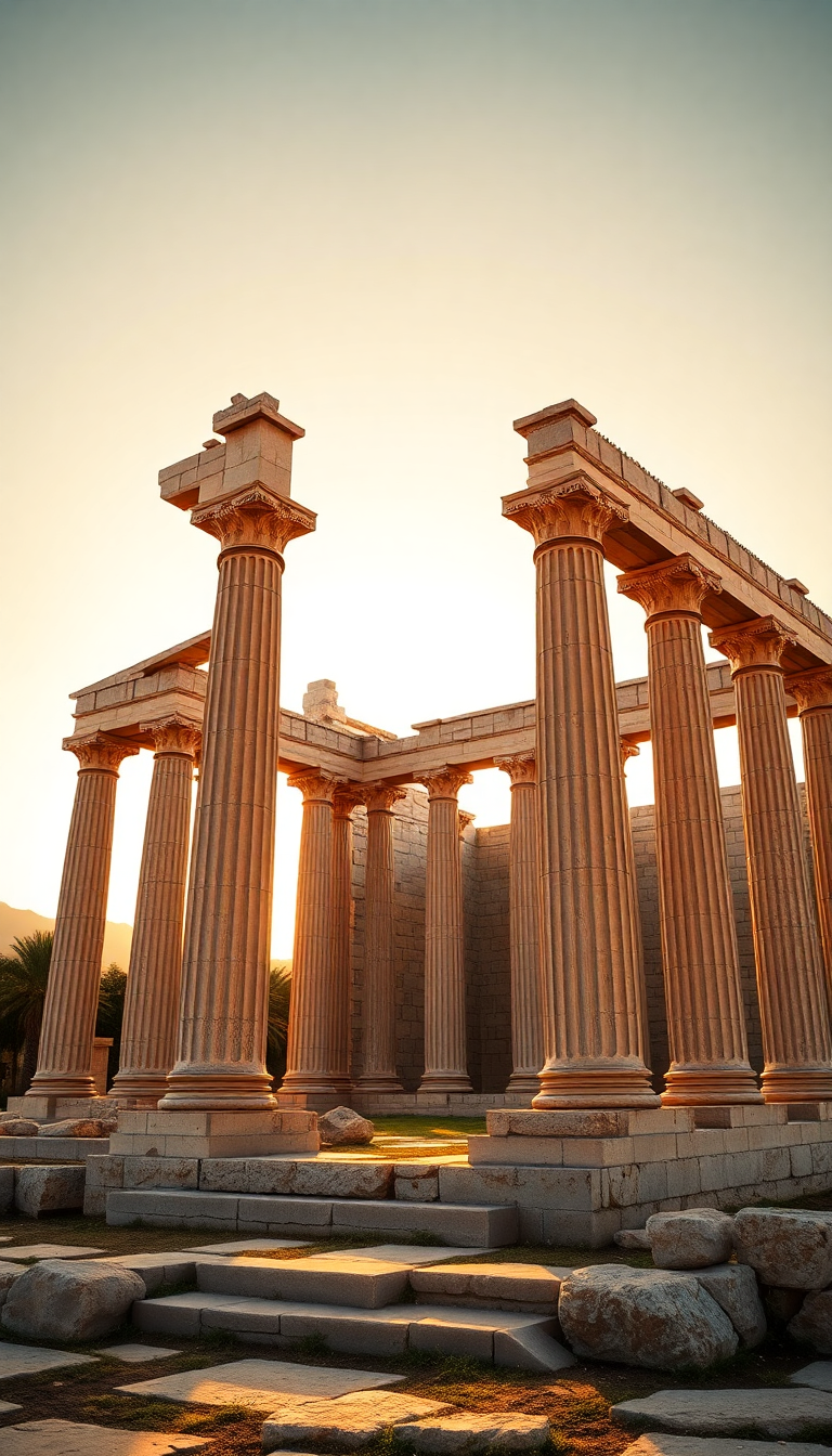 Ancient Greek Temple Ruins Golden Photorealistic Wallpaper