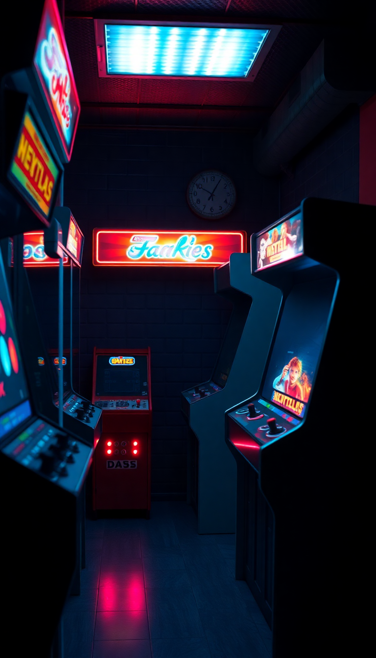 Old Arcade Machines Dark Room Photorealistic Wallpaper