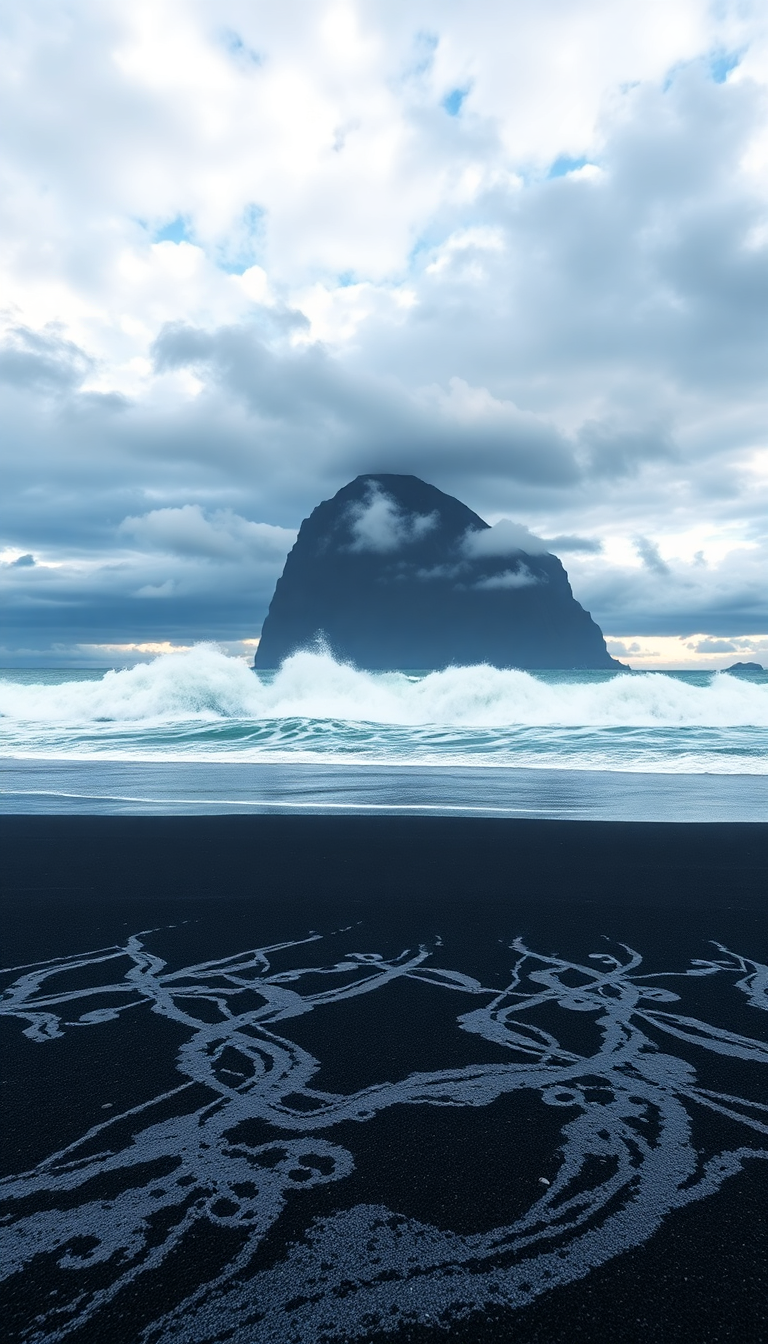 Icelandic Black Sand Beach Waves Photorealistic Wallpaper