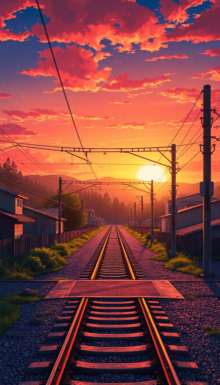 Train Crossing Rural Japan Sunset Anime Wallpaper