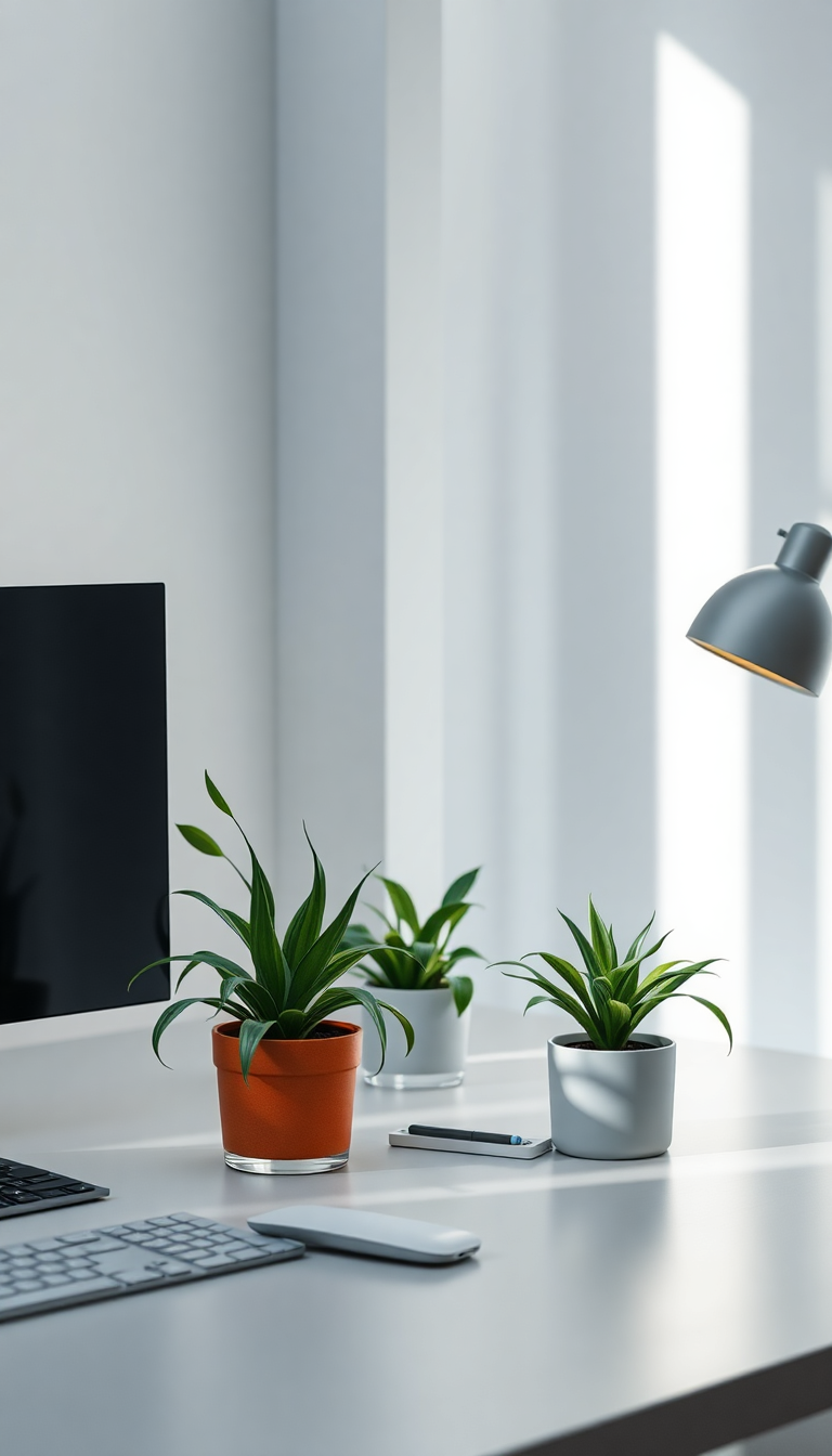 Minimalist Desk Setup Plants Morning Photorealistic Wallpaper