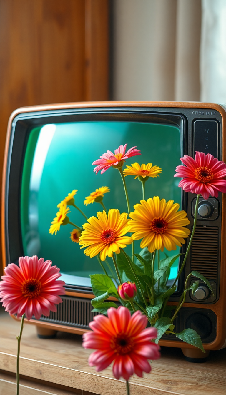 Flowers Growing From Old Television Digital art Wallpaper