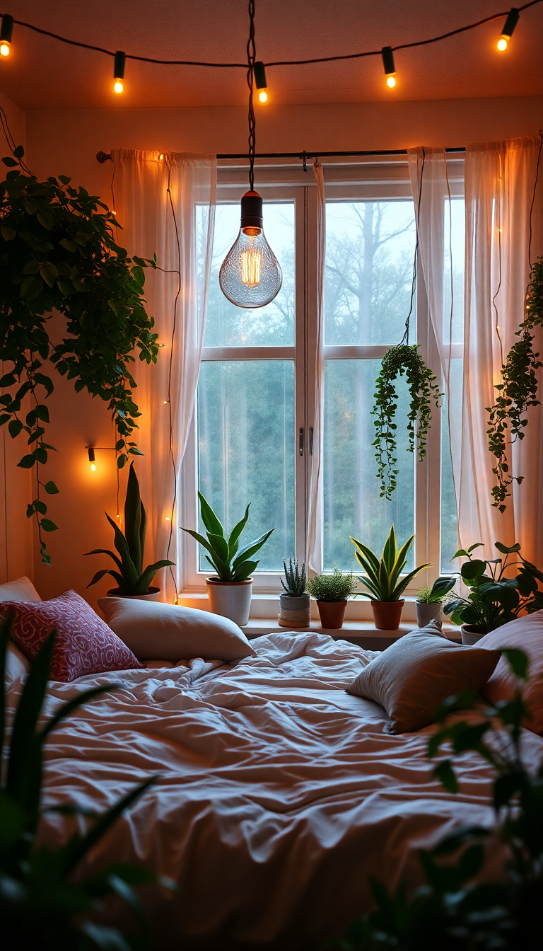 Indie Bedroom Fairy Lights Plants Photorealistic Wallpaper