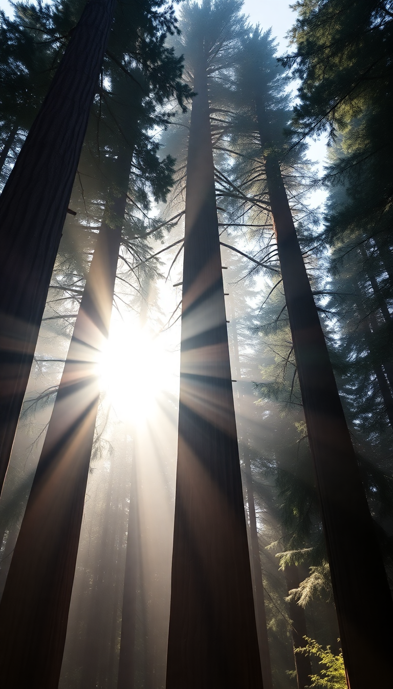 Giant Redwood Trees Morning Fog Photorealistic Wallpaper
