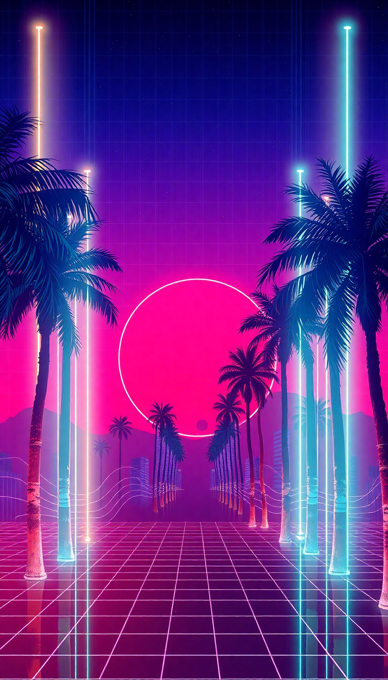 80s Synthwave Grid Sunset Palm Digital art Wallpaper