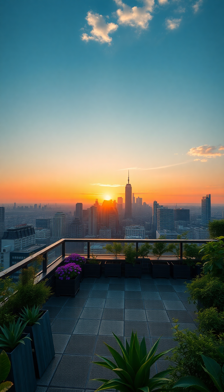 Rooftop Garden Oasis Above City Photorealistic Wallpaper