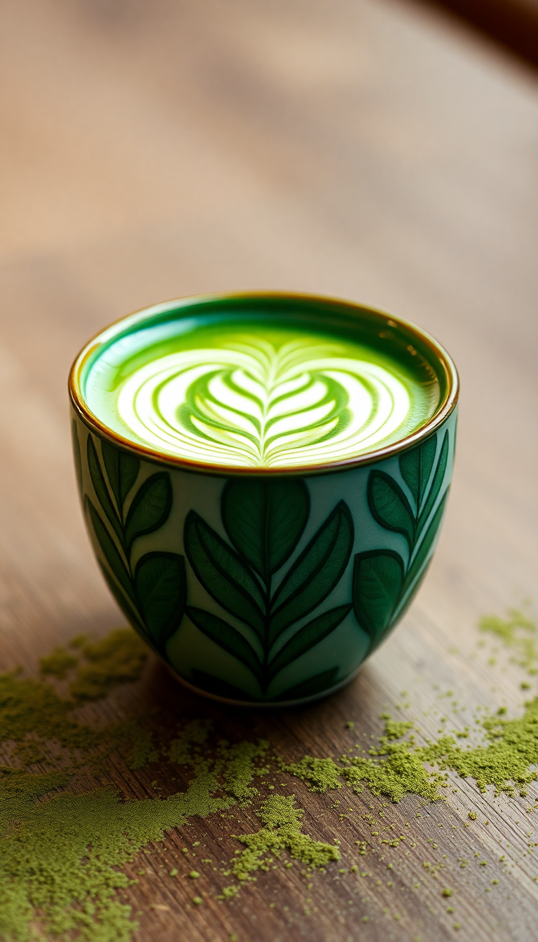 Matcha Latte Art Leaf Pattern Photorealistic Wallpaper