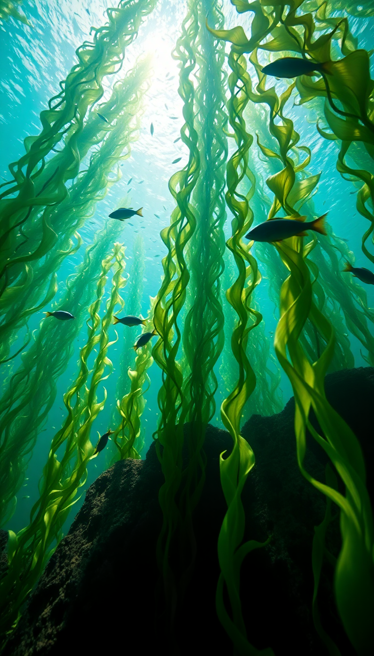 Underwater Forest Kelp Swaying Fish Photorealistic Wallpaper