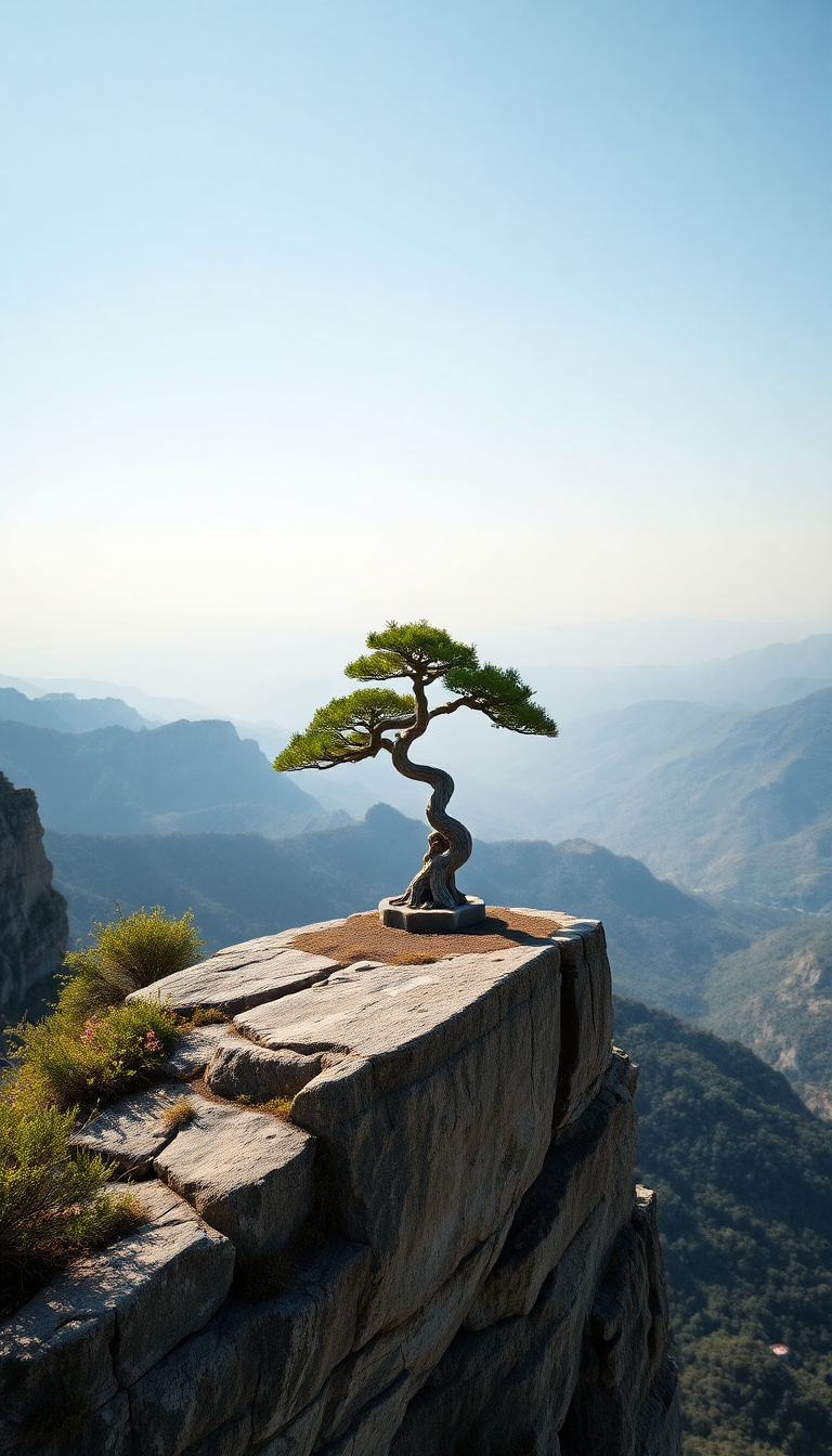 Bonsai Tree On Cliff Edge Minimalist Wallpaper