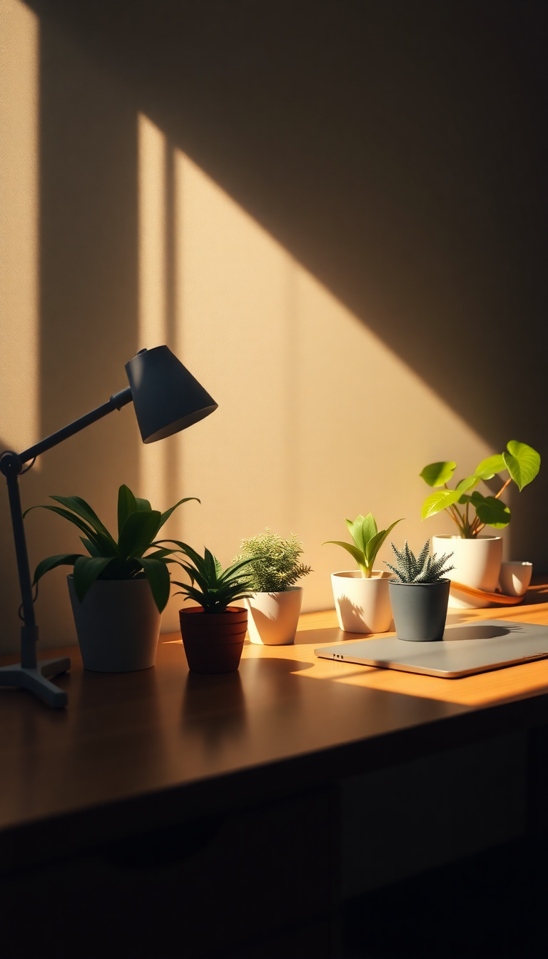 Minimalist Desk Setup Plants Morning Photorealistic Wallpaper