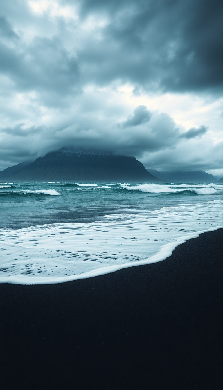 Icelandic Black Sand Beach Waves Photorealistic Wallpaper