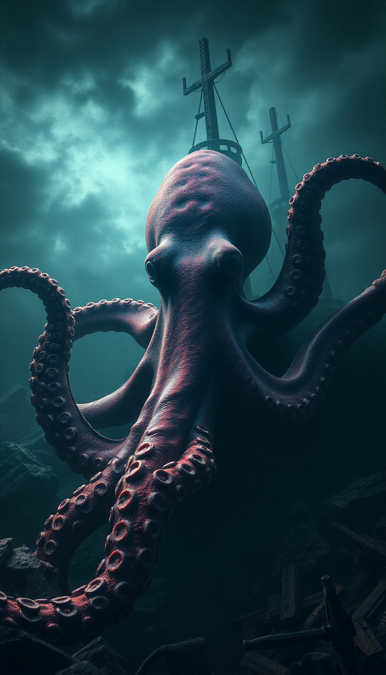 Giant Octopus Shipwreck Deep Ocean Digital art Wallpaper
