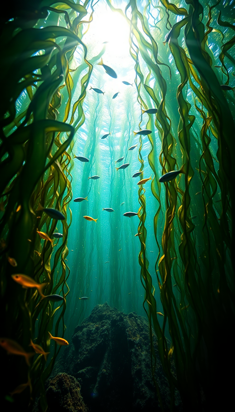 Underwater Forest Kelp Swaying Fish Photorealistic Wallpaper