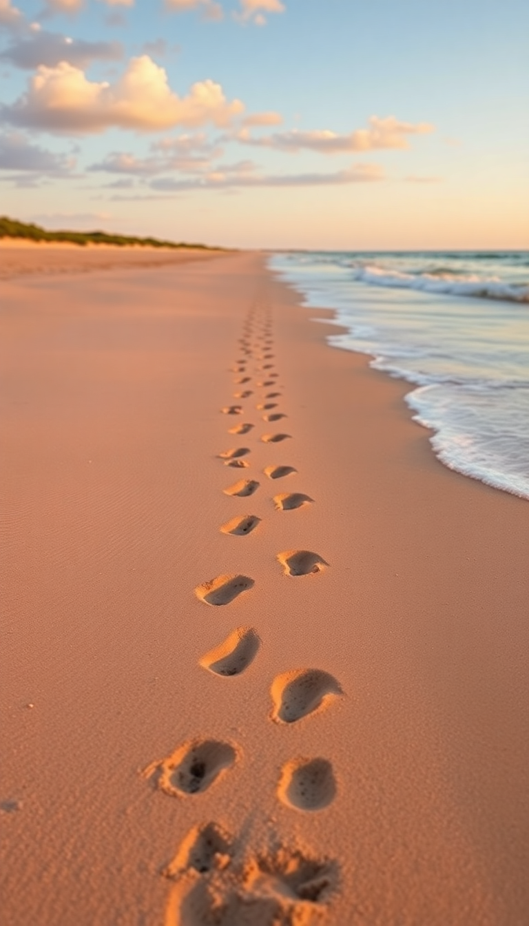 Summer Beach Golden Hour Footprints Photorealistic Wallpaper