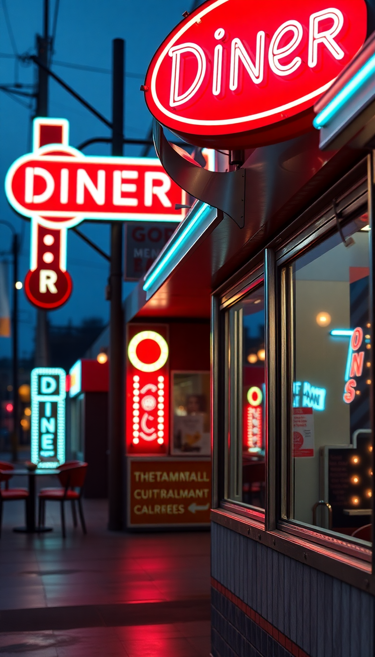 Retro Diner Neon Signs Chrome Photorealistic Wallpaper