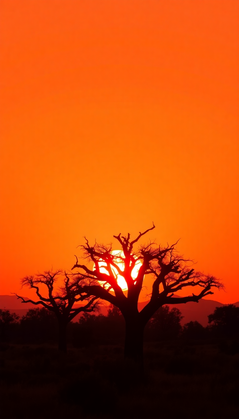 Baobab Trees Silhouette African Sunset Photorealistic Wallpaper