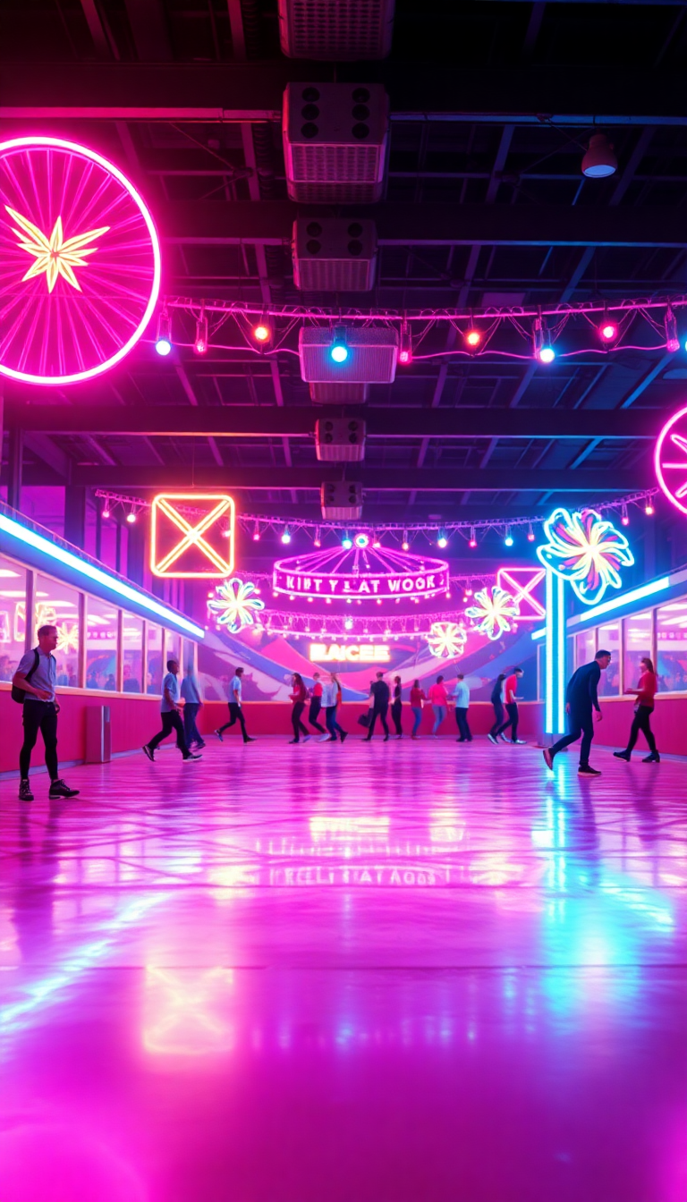 Roller Skating Rink 80s Neon Photorealistic Wallpaper