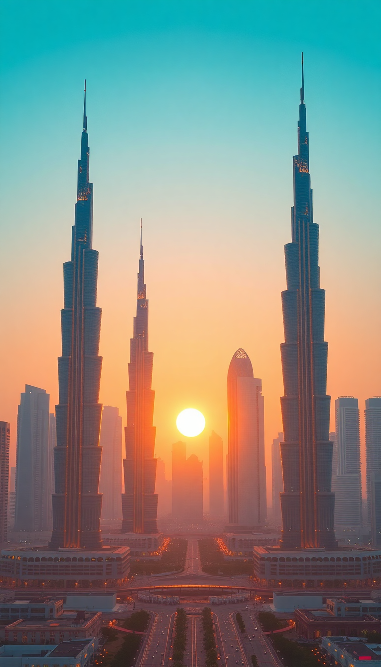 Dubai Skyline Futuristic Towers Sunset Photorealistic Wallpaper