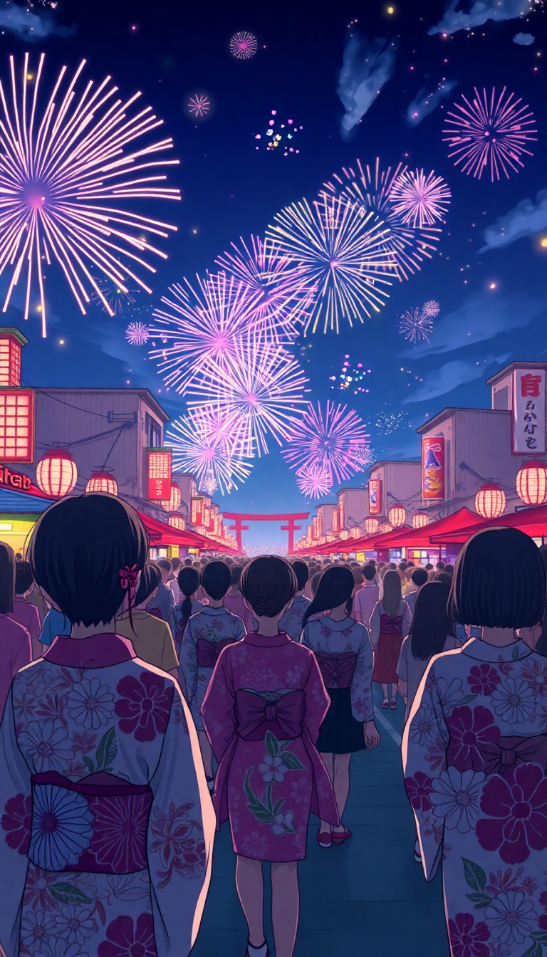 Summer Festival Fireworks Yukata Crowd Anime Wallpaper