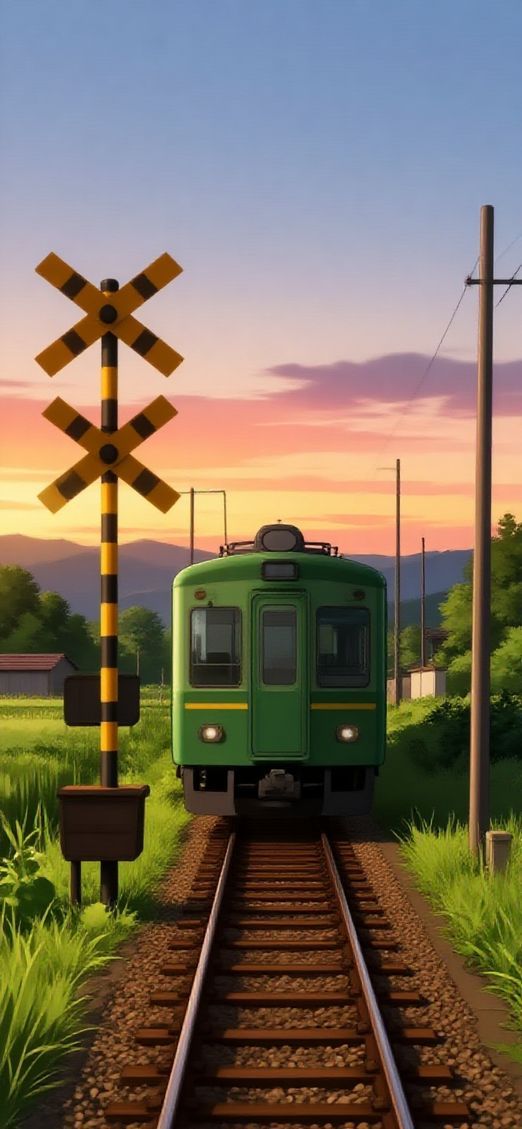 Train Crossing Rural Japan Sunset Anime Wallpaper