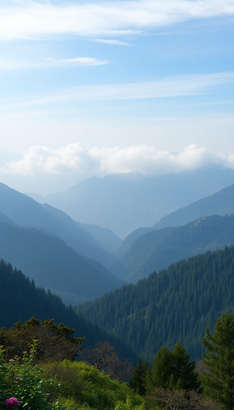 Fog Rolling Over Mountains Valley Photorealistic Wallpaper