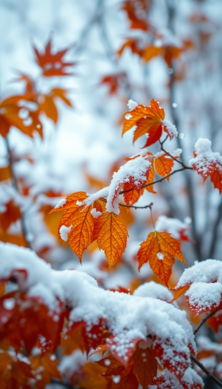 First Snow Falling On Autumn Photorealistic Wallpaper