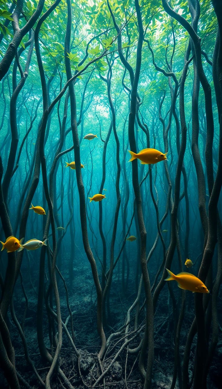 Mangrove Forest Roots Underwater Fish Photorealistic Wallpaper