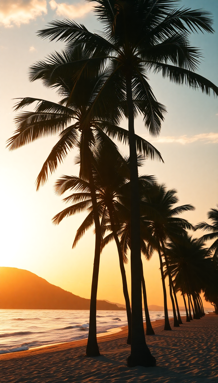 Summer Sunset Beach Silhouette Palm Photorealistic Wallpaper