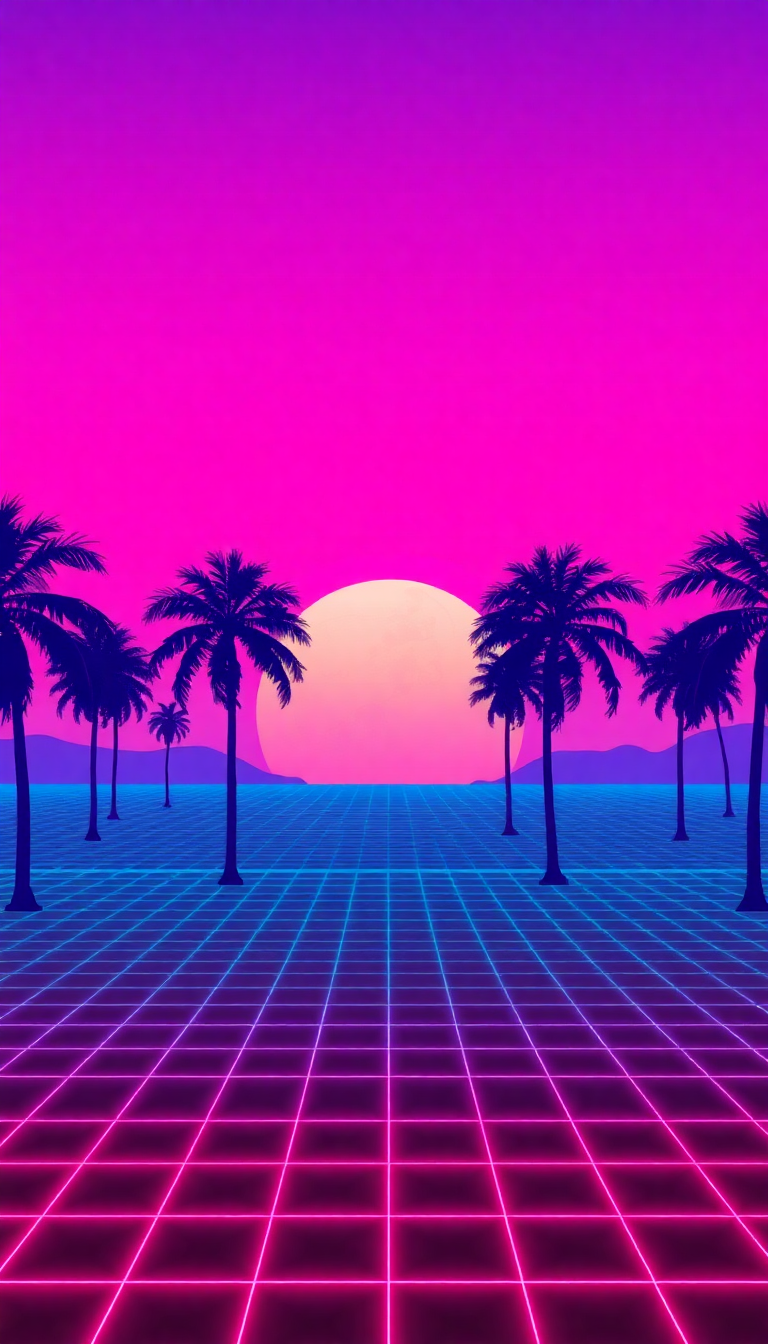 80s Synthwave Grid Sunset Palm Digital art Wallpaper