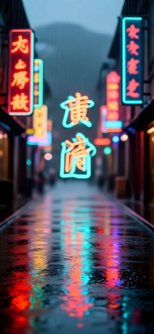 Neon Signs Chinese Characters Rain Digital art Wallpaper