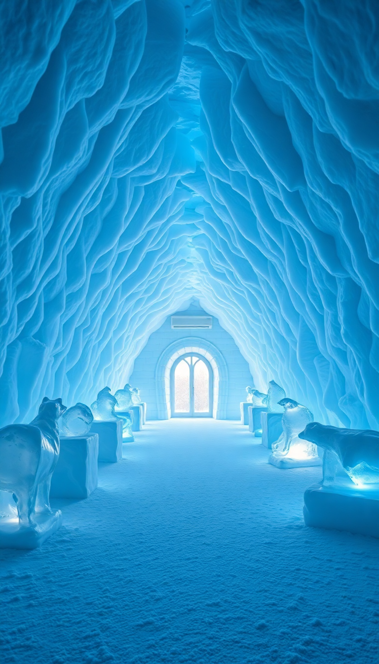 Ice Hotel Interior Frozen Sculptures Photorealistic Wallpaper