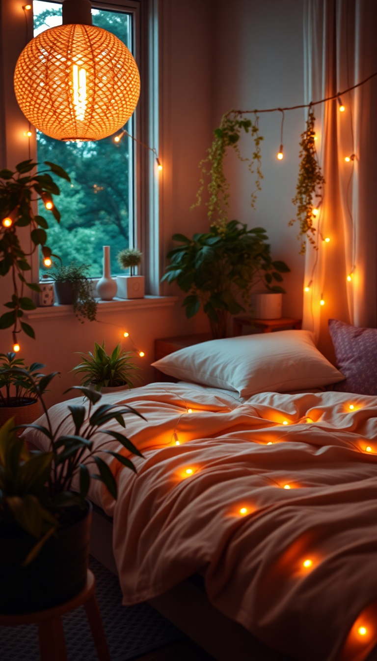 Indie Bedroom Fairy Lights Plants Photorealistic Wallpaper