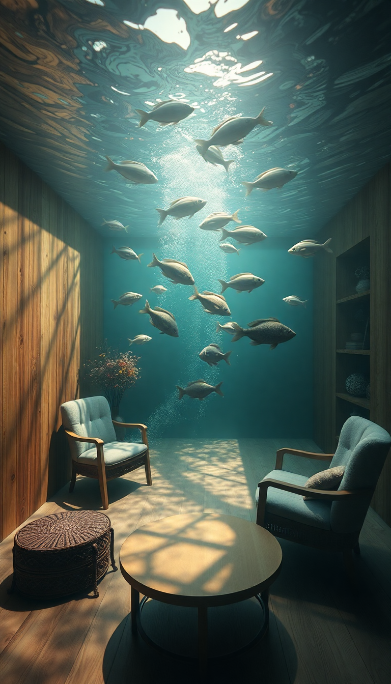 Room Underwater Furniture Floating Fish Digital art Wallpaper