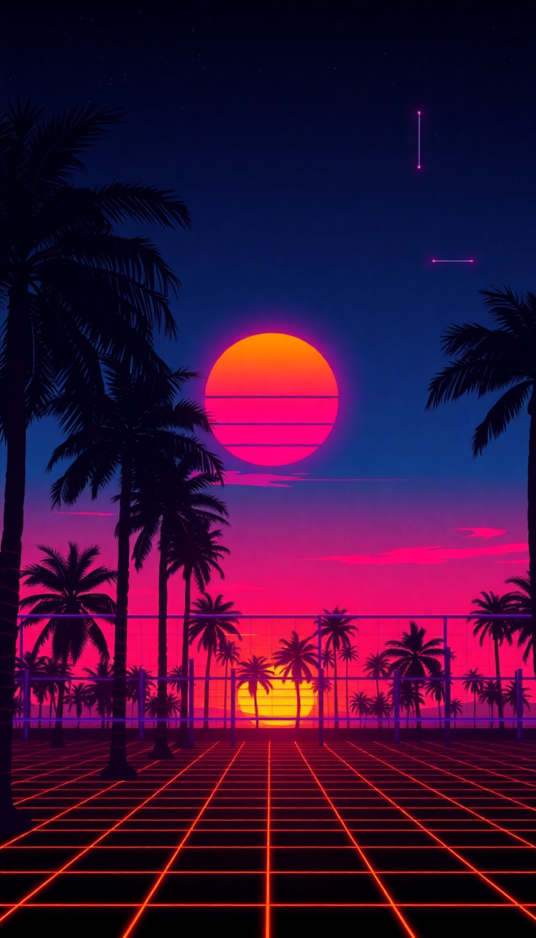 80s Synthwave Grid Sunset Palm Digital art Wallpaper