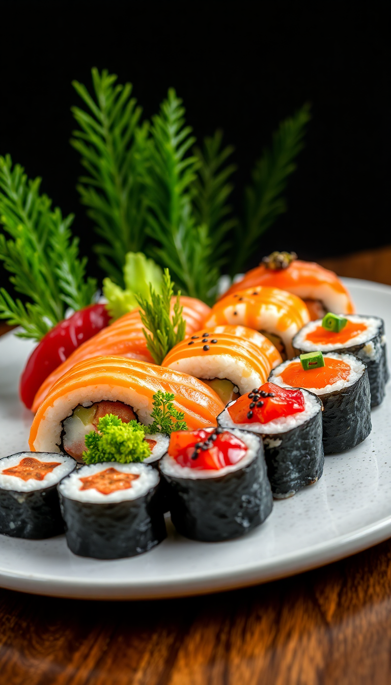 Fresh Sushi Arrangement Artistic Plating Photorealistic Wallpaper