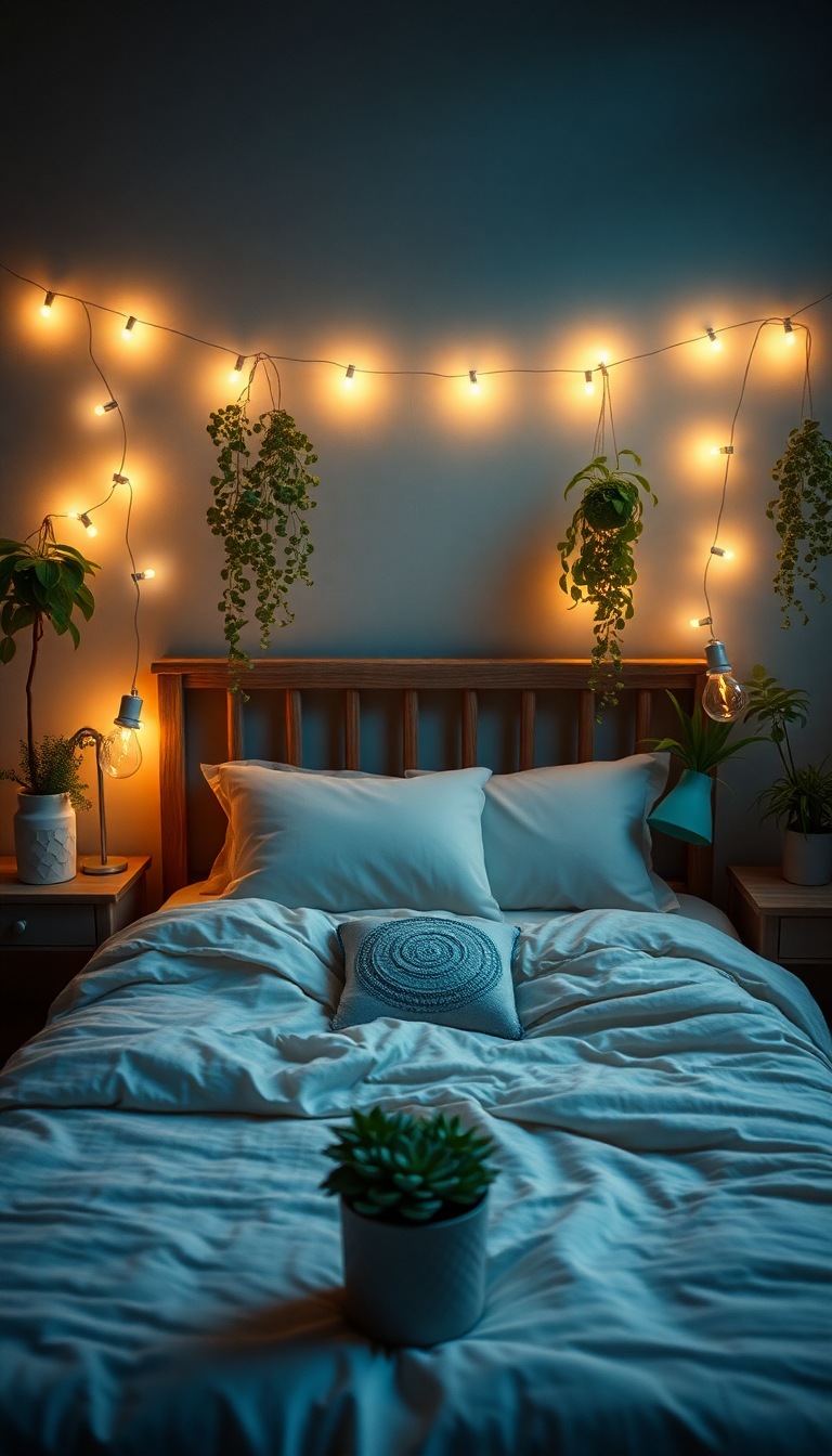 Indie Bedroom Fairy Lights Plants Photorealistic Wallpaper